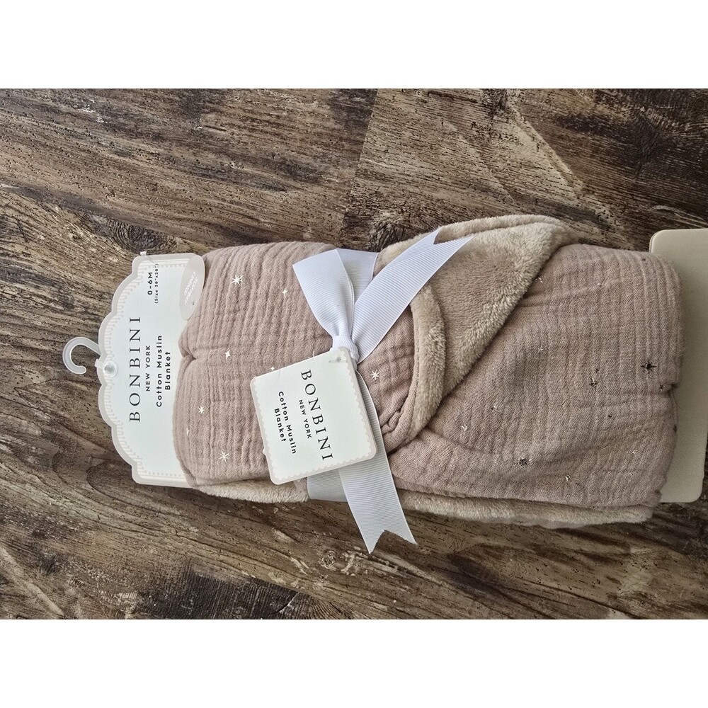 BONBINI Cotton Muslin Baby Blanket Reversible Soft Plush Taupe Brown Stars New